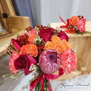 Protea-bridal-bouquet-w-corsage