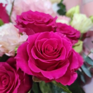 Hot-pink-rose-with-eustoma-close-up-rose