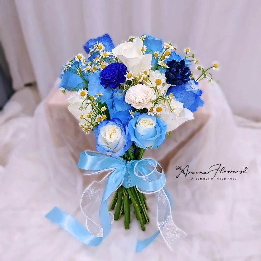 Blue-roses-bridal-bouquet-main-Aroma-Flowers-logo